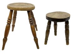 Miniature stool with an elm top upon three birch turned legs H26cm