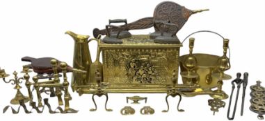 Quantity of fireside accessories to include embossed brass coal box