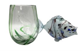 Vicki Lindstrand for Orrefors glass vase with etched goldfish amongst seaweed effect green threads a