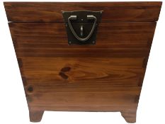 Wooden blanket box with twin drop handles and a hinged cover H47cm W52cm.