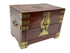 Chinese hardwood jewellery box mounted with engraved brass fixtures
