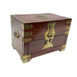 Chinese hardwood jewellery box mounted with engraved brass fixtures