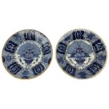 Pair of 18th/19th century Dutch Delft blue and white peacock plates