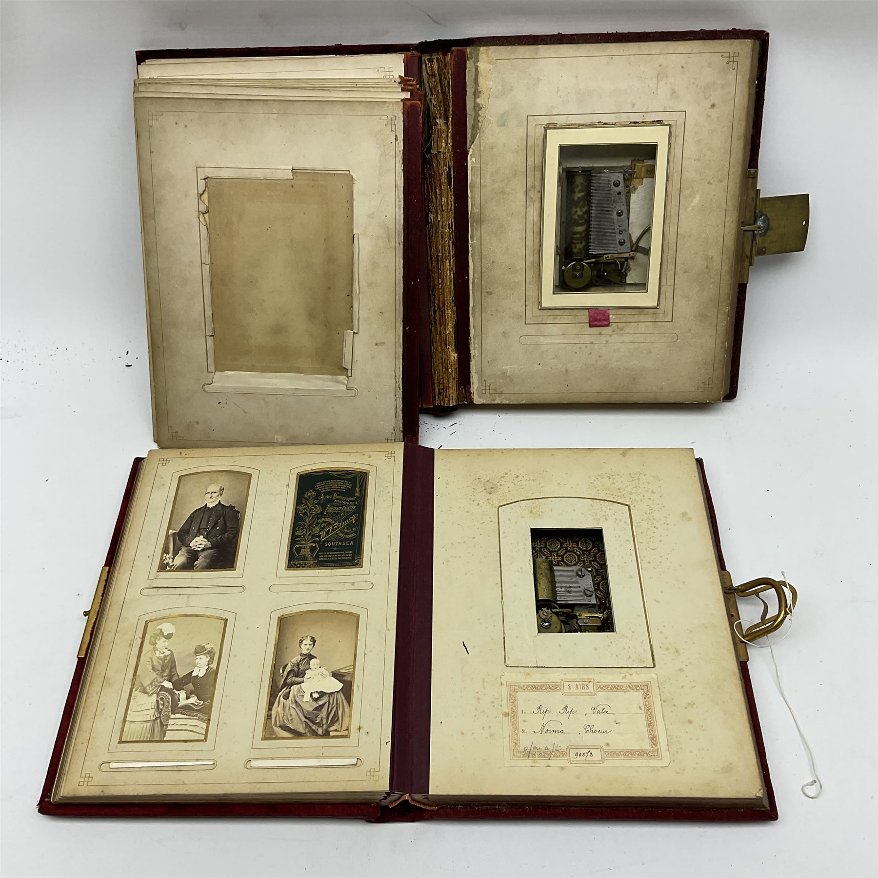 Three Victorian musical albums including one leather bound smaller example all with brass fixtures a - Image 5 of 8