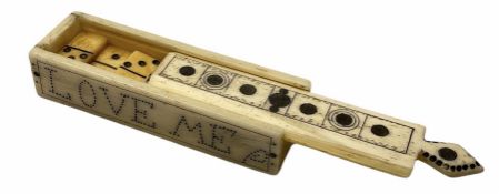 Small rectangular Scrimshaw box containing twenty three miniature Whale Bone dominoes