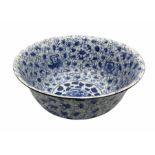 Large Chinese blue and white bowl with painted interior and exterior foliate design with interior ce