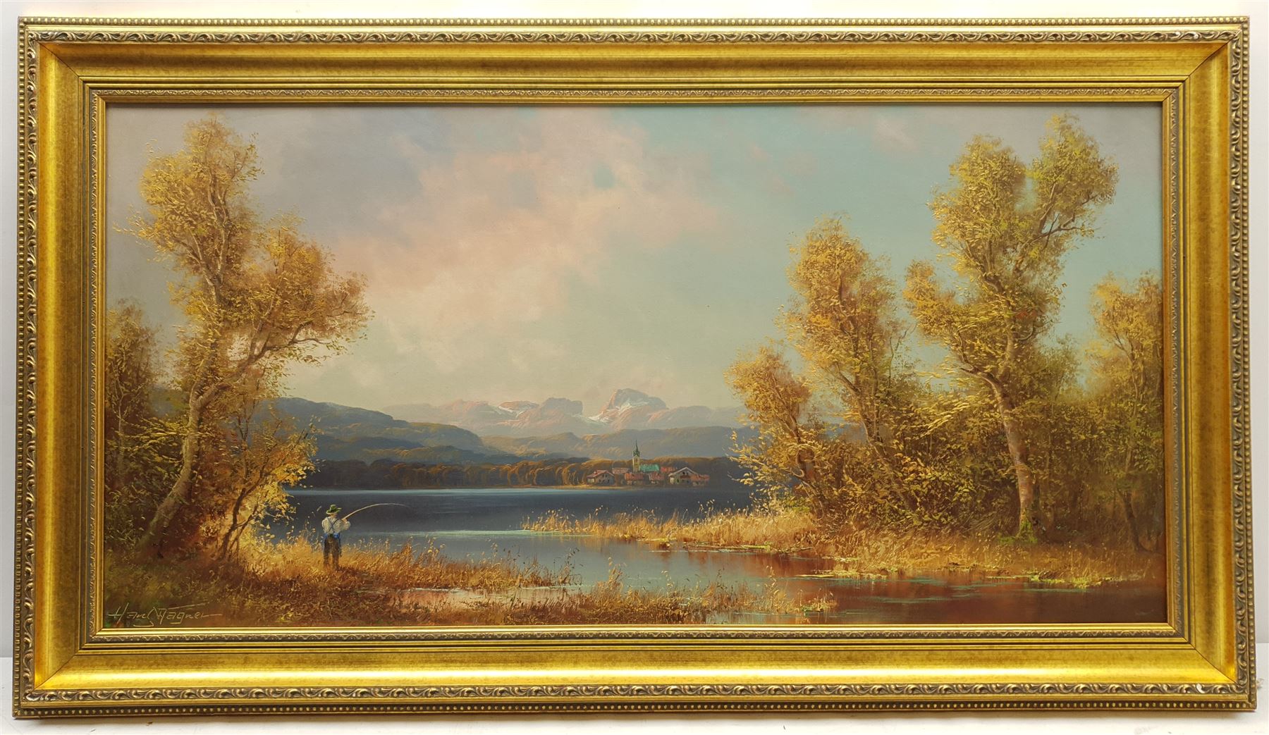 Hans Wagner (Continental 20th century): Fishing in a Mountainous Lake Landscape - Image 2 of 4