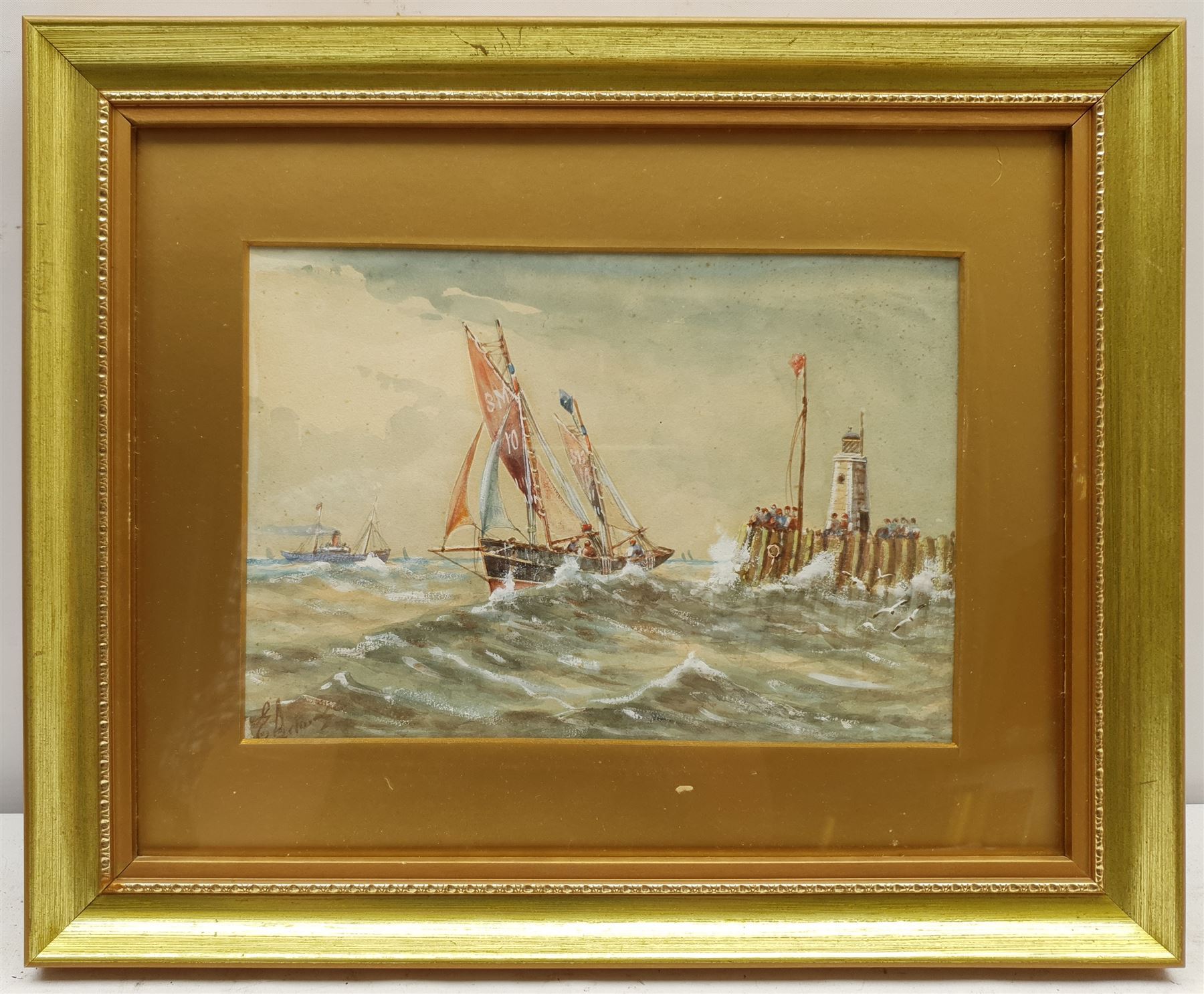 E Adams (British 19th/20th century): Shoreham Fishing Boat with Pier and Lighthouse - Image 2 of 2