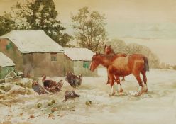 John Guttridge Sykes (British 1866-1941): Horses and Turkeys in a Snowy Farmyard