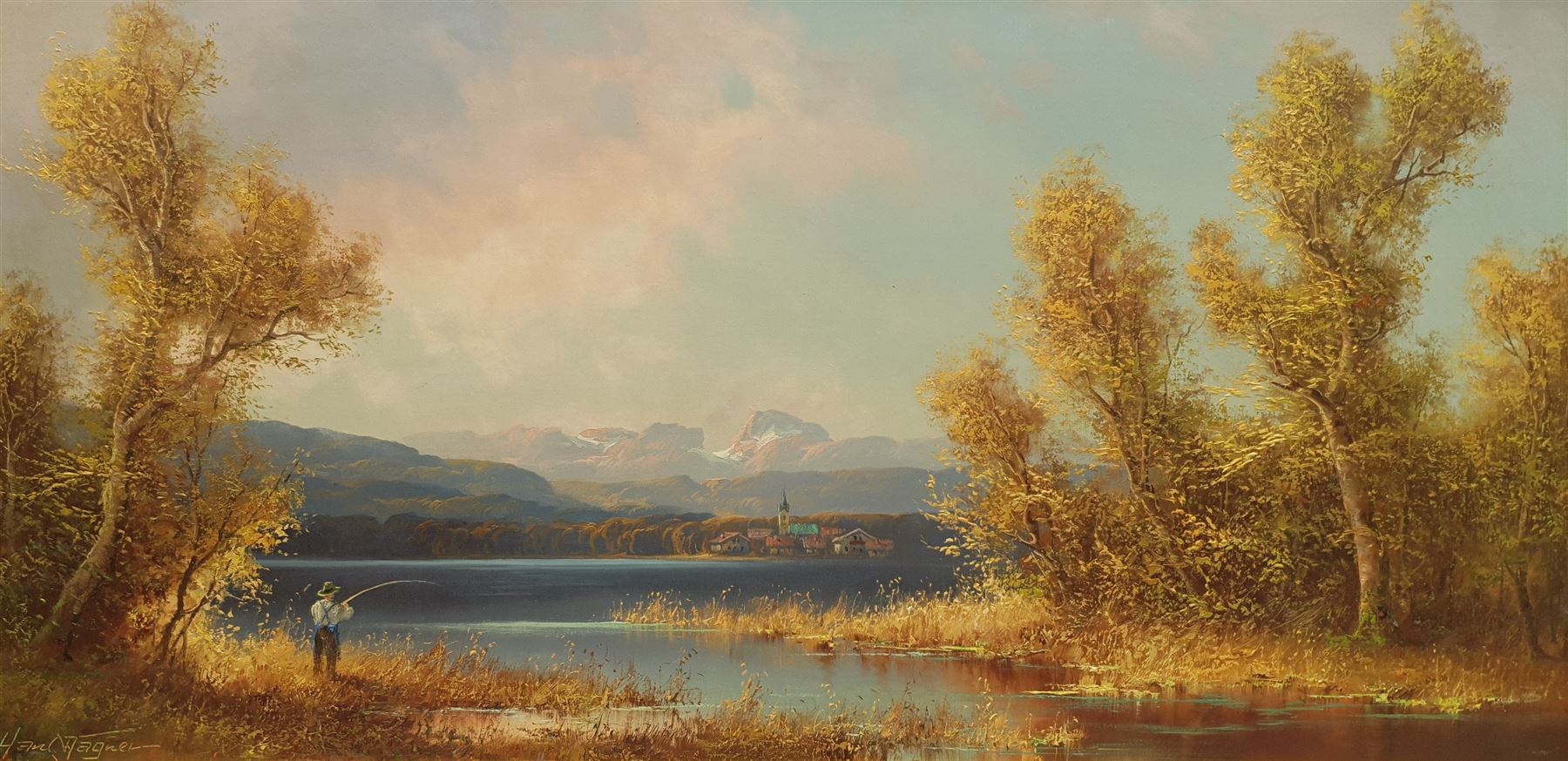 Hans Wagner (Continental 20th century): Fishing in a Mountainous Lake Landscape