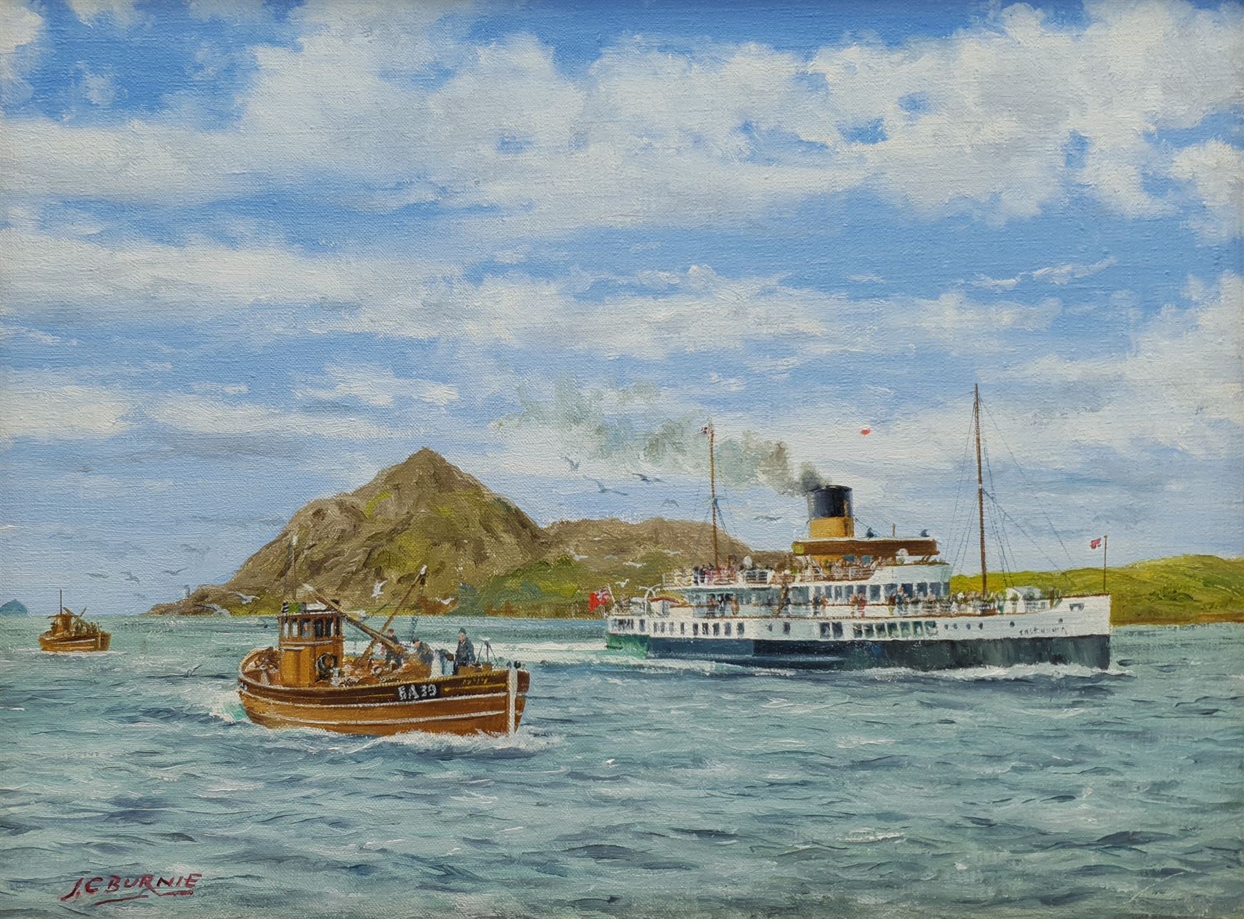 J C Burnie (British 20th century): Paddle Steamer Caledonia off Holy Isle
