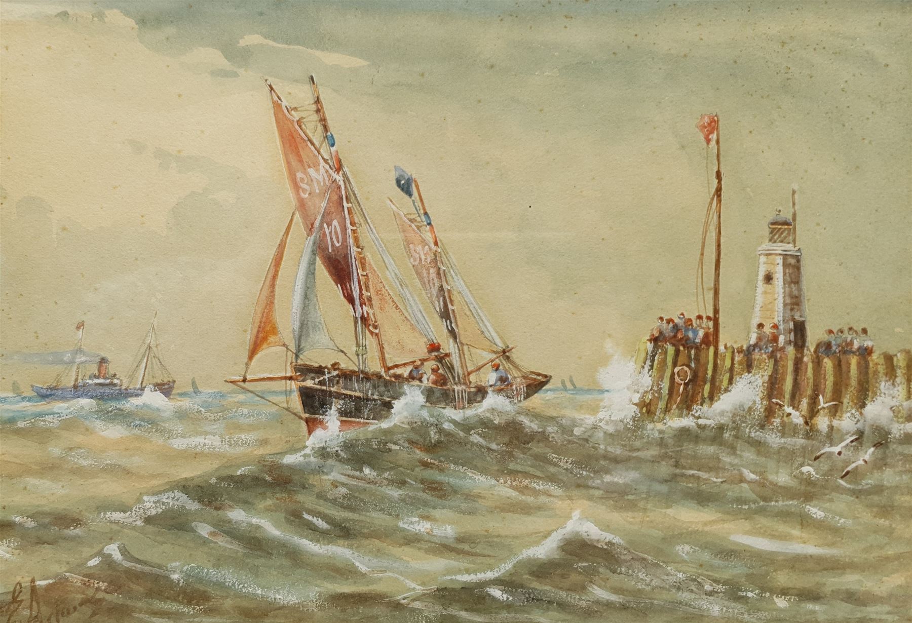 E Adams (British 19th/20th century): Shoreham Fishing Boat with Pier and Lighthouse