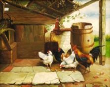 Continental School (20th century): Cockerel and Hens in Yard