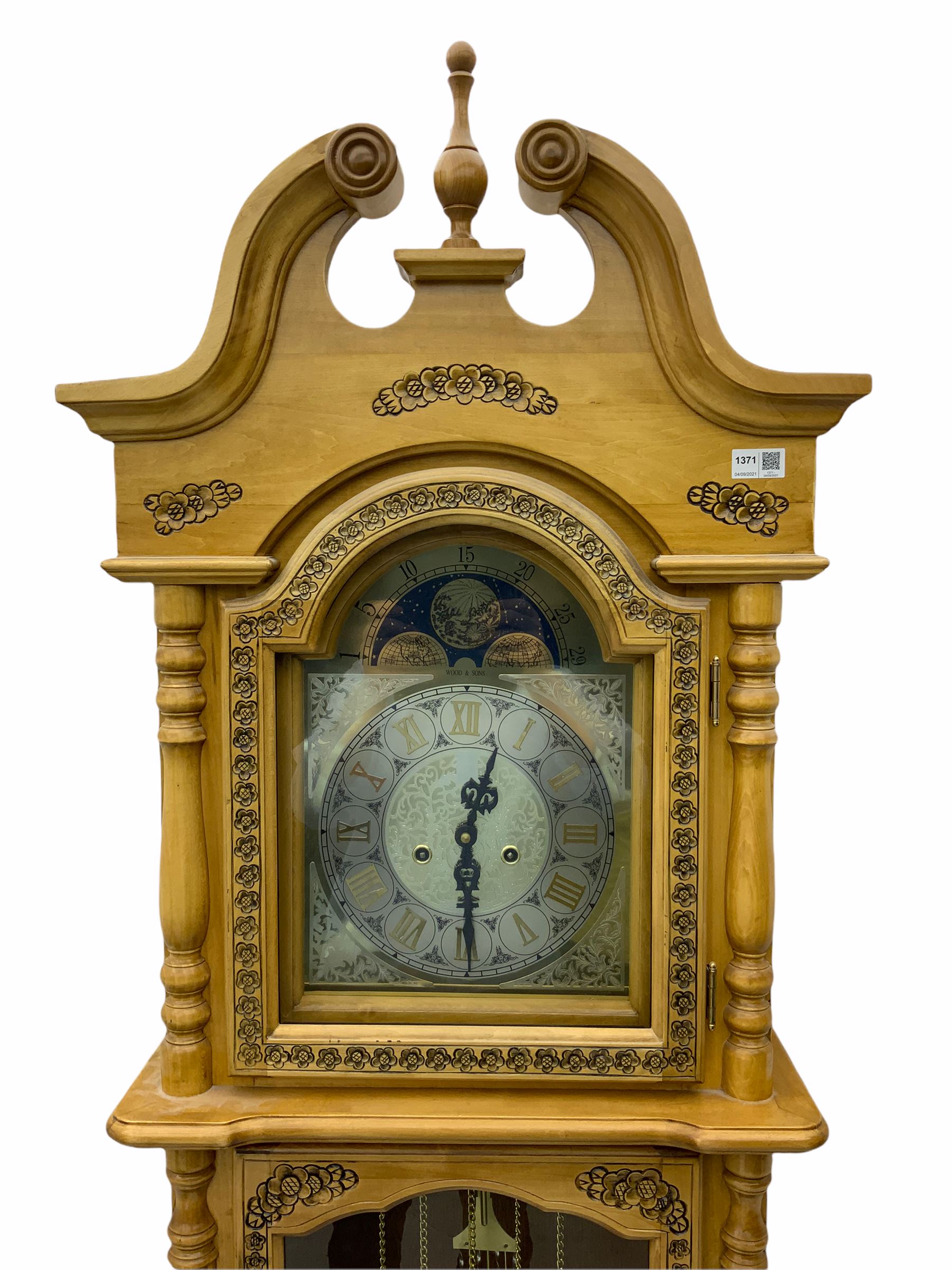 21st century replica longcase clock by �Wood & Son� in a incised light wood case with a swans neck p - Image 2 of 2