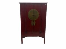 Chinese red lacquered elm and pine Moon marrige cabinet