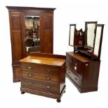 Edwardian walnut three piece bedroom suite comprising of a wardrobe with projecting cornice