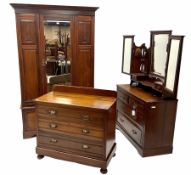 Edwardian walnut three piece bedroom suite comprising of a wardrobe with projecting cornice