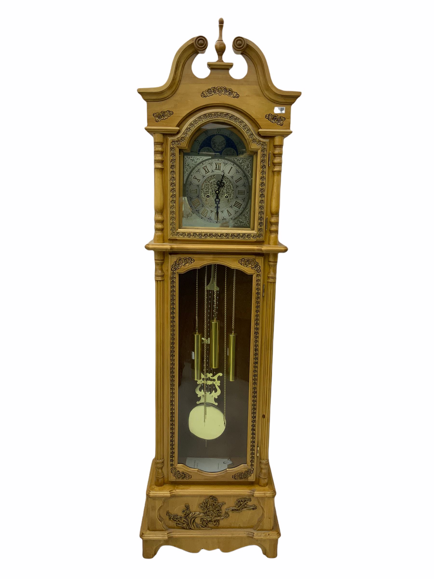 21st century replica longcase clock by �Wood & Son� in a incised light wood case with a swans neck p