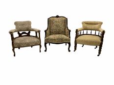 Two Edwardian tub shaped upholstered armchairs and another upholstered chair (3)