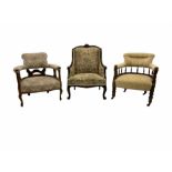 Two Edwardian tub shaped upholstered armchairs and another upholstered chair (3)