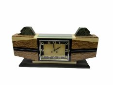 1930�s French Art Deco mantle clock in distinctive vein cut brown marble with inlaid cream and black