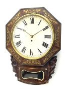 Mid-19th century mahogany veneered eight-day four-pillar single fusee drop dial wall clock with an o