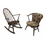 Ercol stick back rocking chair and an ercol tub shaped chair with seat and back cushion