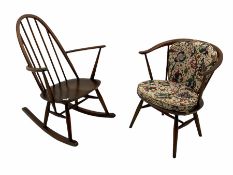 Ercol stick back rocking chair and an ercol tub shaped chair with seat and back cushion