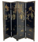 Japanese black lacquered four panel screen