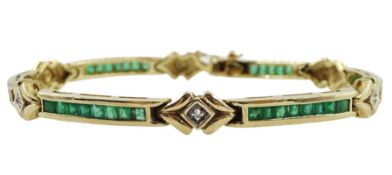 9ct gold square cut emerald and round brilliant cut diamond bracelet