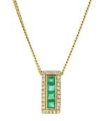 18ct gold square cut emerald and round brilliant cut diamond pendant necklace