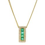 18ct gold square cut emerald and round brilliant cut diamond pendant necklace