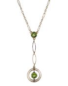 Edwardian 9ct gold two stone round peridot pendant necklace