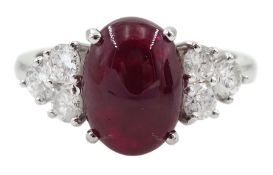 18ct white gold cabochon ruby and six brilliant cut diamond ring