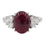 18ct white gold cabochon ruby and six brilliant cut diamond ring