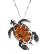 Silver amber turtle pendant necklace