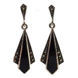 Pair of silver onyx and marcasite pendant stud earrings