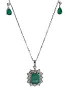 18ct white gold emerald and diamond pendant necklace