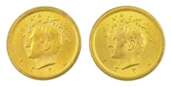 Two Persia (Iran) Mohammed Reza Shah 1 Pahlavi gold coins