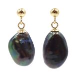 Pair of 9ct gold black pearl pendant stud earrings