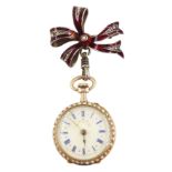 Swiss 14ct gold open face keyless cylinder ladies fob watch