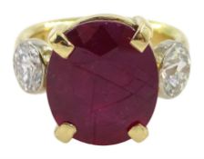 18ct gold three stone oval ruby and round brilliant cut diamond ring