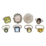 Seven silver stone set rings including citrine