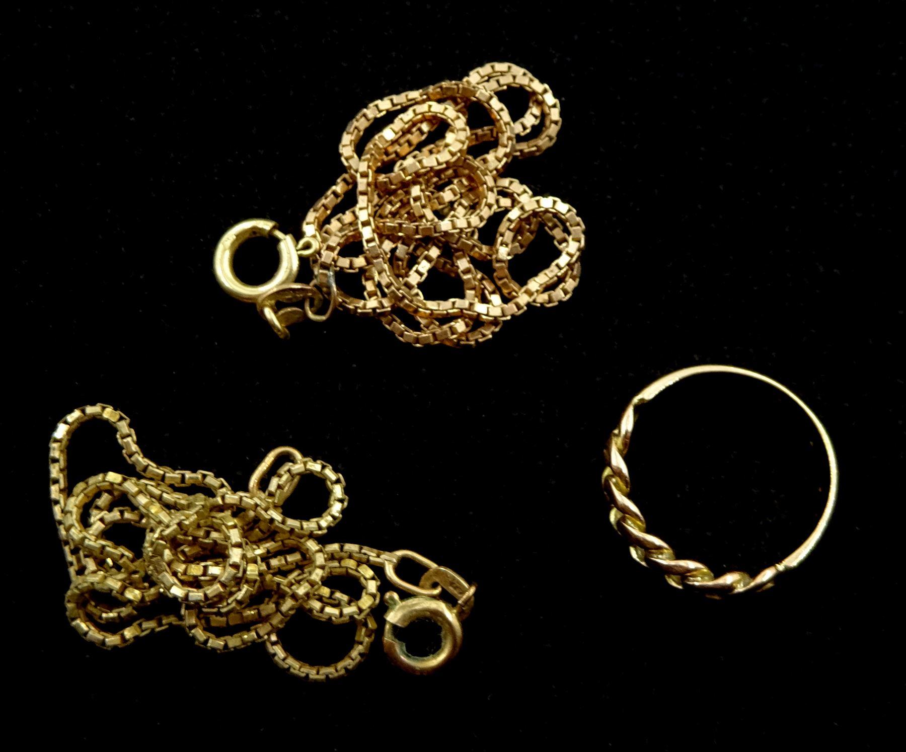 Two gold box link chain necklace's and a rose gold link ring