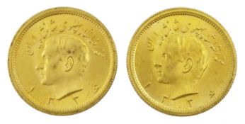 Two Persia (Iran) Mohammed Reza Shah 1 Pahlavi gold coins