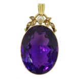 14ct gold oval amethyst and pearl pendant