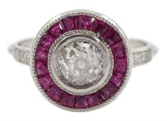Platinum target design ruby and diamond ring