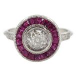 Platinum target design ruby and diamond ring