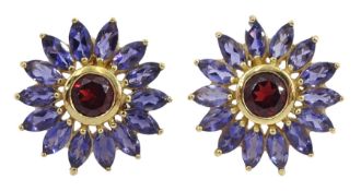 Pair of 9ct gold round garnet and marquise shaped iolite cluster stud earrings