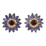 Pair of 9ct gold round garnet and marquise shaped iolite cluster stud earrings